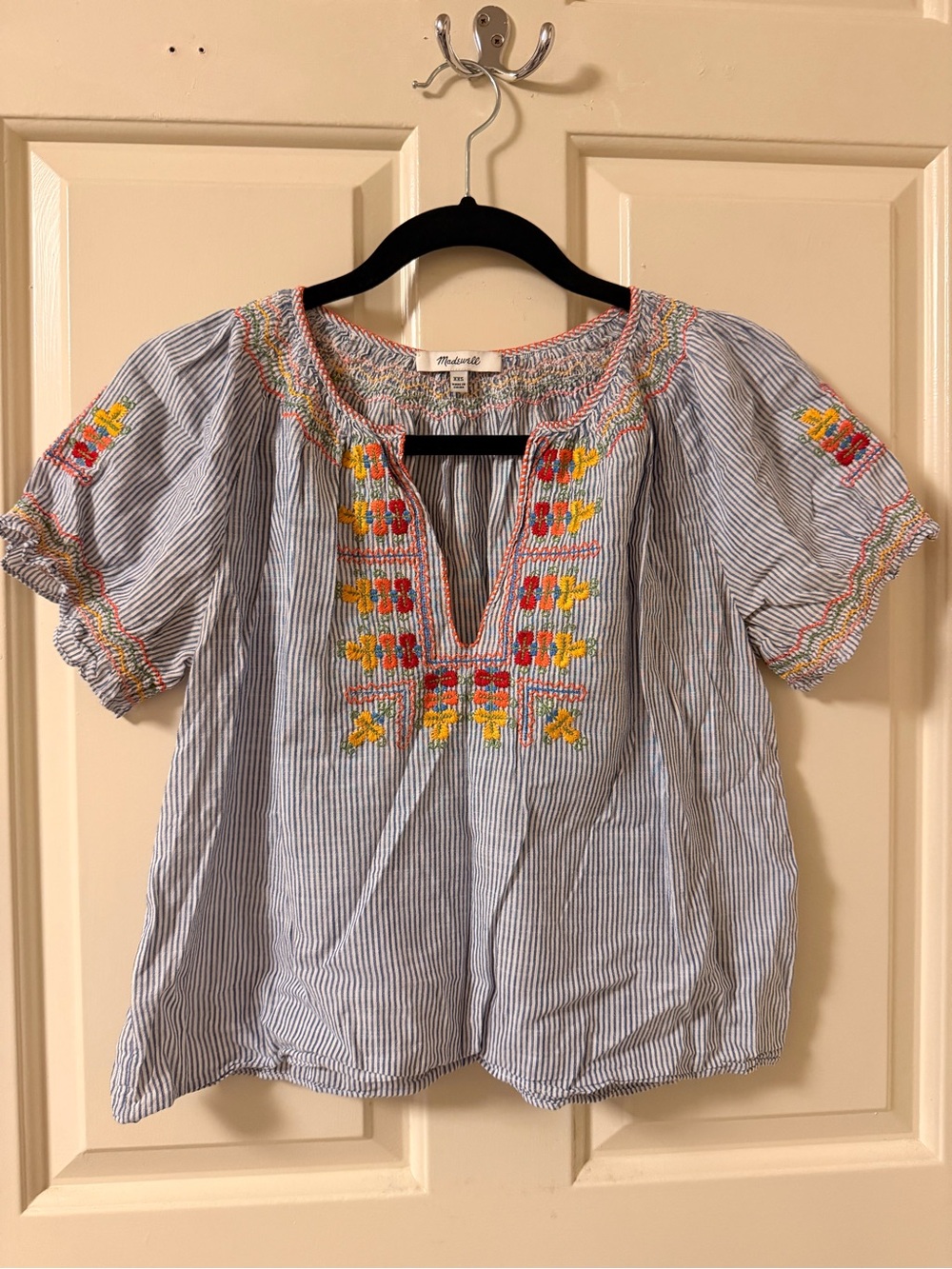 Madewell Blue Striped Embroidered Peasant Top XXS - Yellow & Red Accents